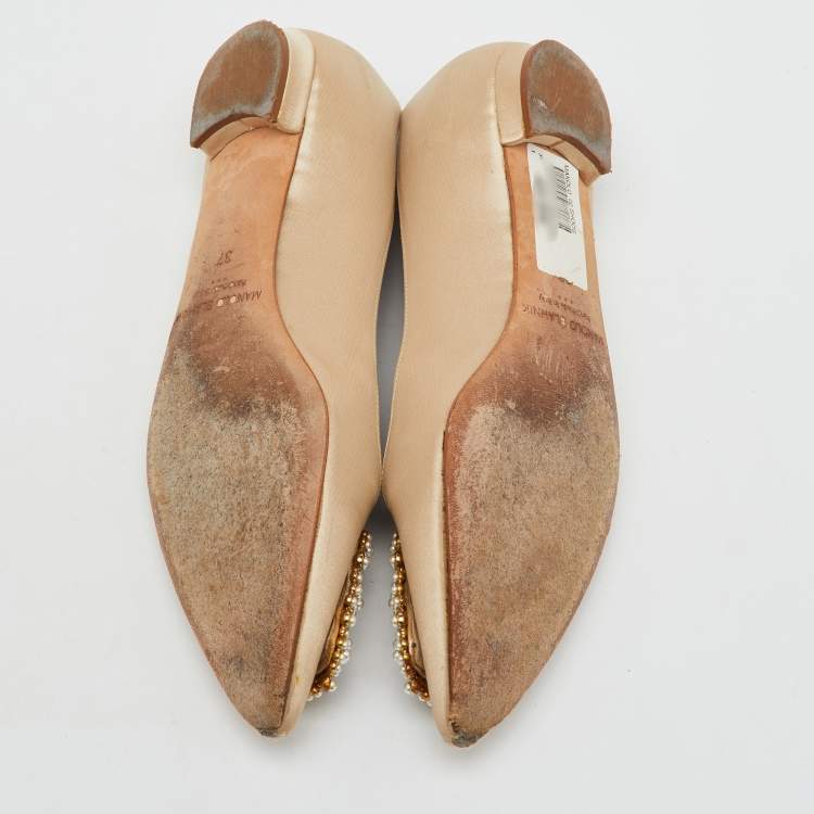 Pre Owned Manolo Blahnik Champange Satin Hangisi Ballet Flats Size 37 