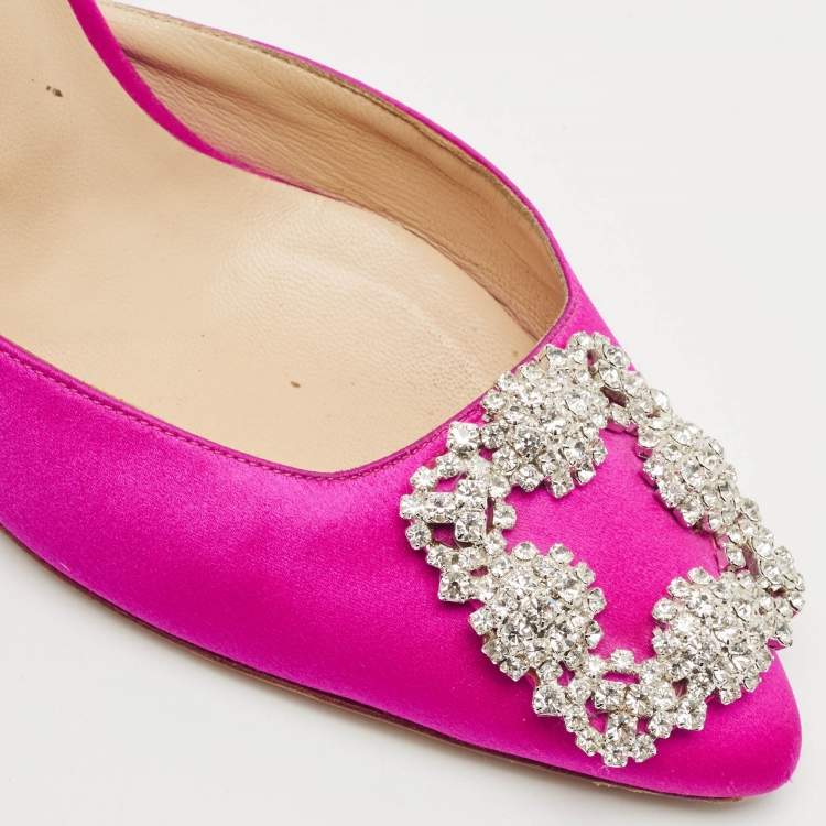 Pre Owned Manolo Blahnik Pink Satin Hangisi Mules Size 38.5