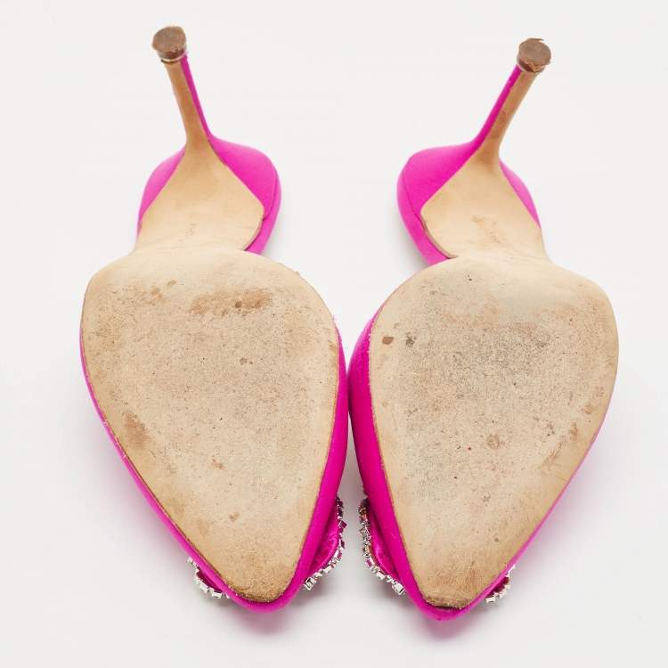 Pre Owned Manolo Blahnik Pink Satin Hangisi Mules Size 38.5