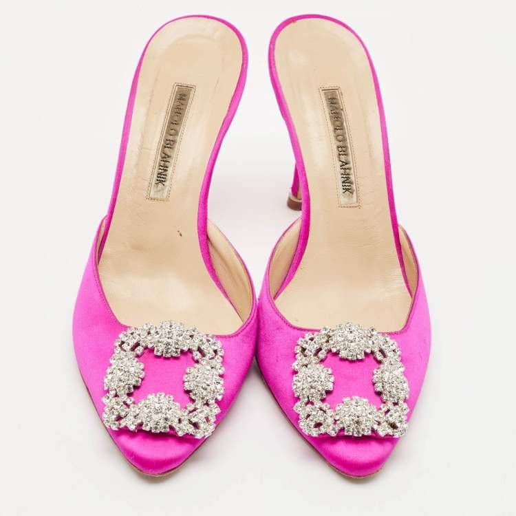 Pre Owned Manolo Blahnik Pink Satin Hangisi Mules Size 38.5
