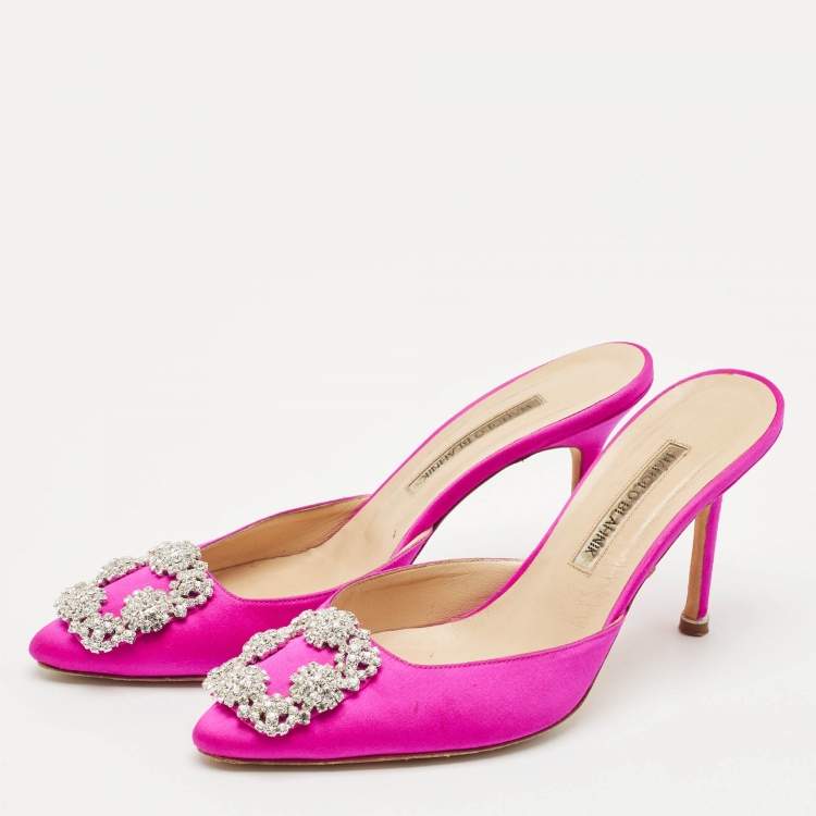 Pre Owned Manolo Blahnik Pink Satin Hangisi Mules Size 38.5