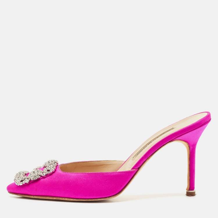 Pre Owned Manolo Blahnik Pink Satin Hangisi Mules Size 38.5