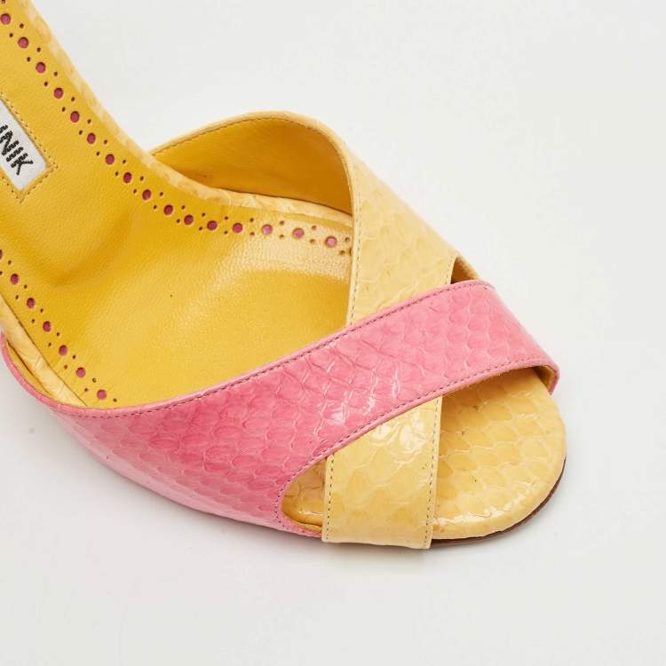 Pre Owned Manolo Blahnik Yellow/Pink Python Embossed Patent Leather Mumbi Ankle Strap Sandals Size 36
