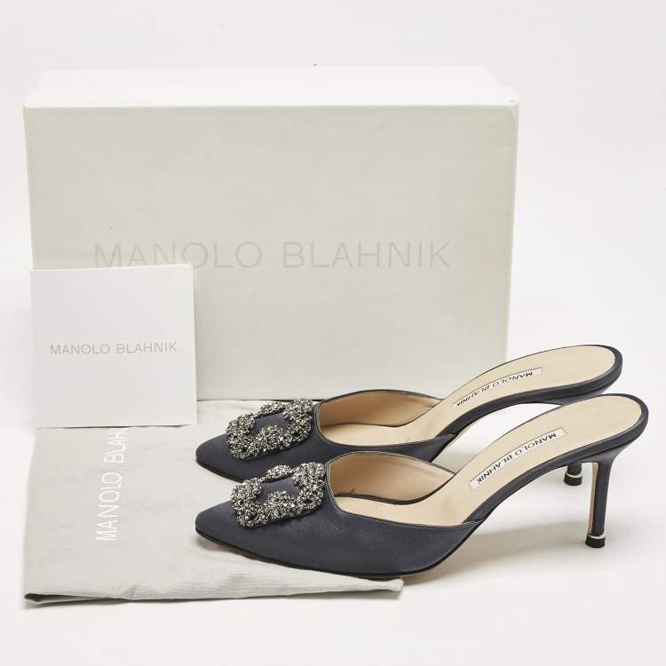 Pre Owned Manolo Blahnik Grey Satin Hangisi Pointed-Toe Mules Size 39