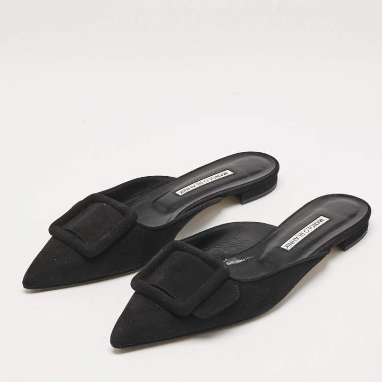 Pre Owned Manolo Blahnik Black Suede Maysale Flat Mules Size 38