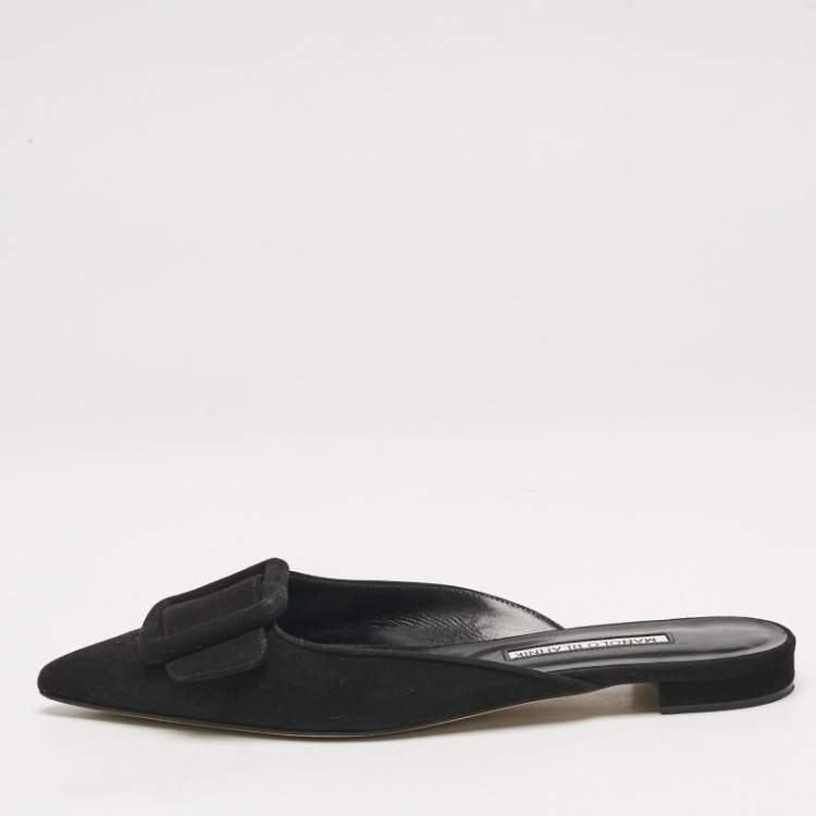 Pre Owned Manolo Blahnik Black Suede Maysale Flat Mules Size 38