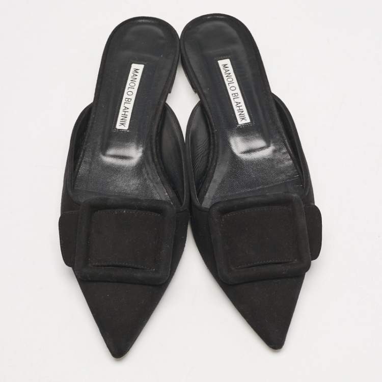 Pre Owned Manolo Blahnik Black Suede Maysale Flat Mules Size 38