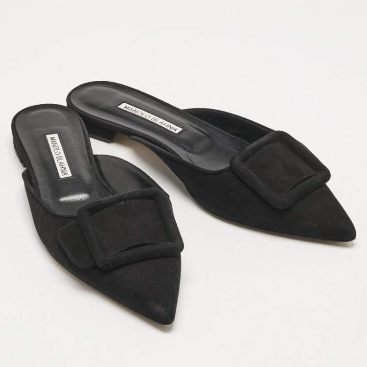 Pre Owned Manolo Blahnik Black Suede Maysale Flat Mules Size 38