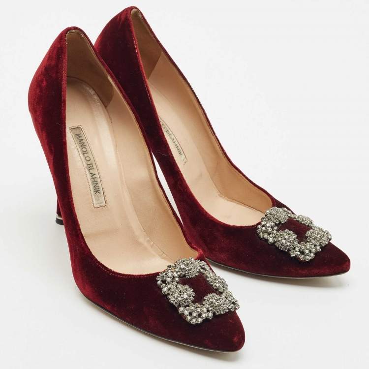 Pre Owned Manolo Blahnik Burgundy Velvet Hangisi Crystal Embellished Pumps Size 41