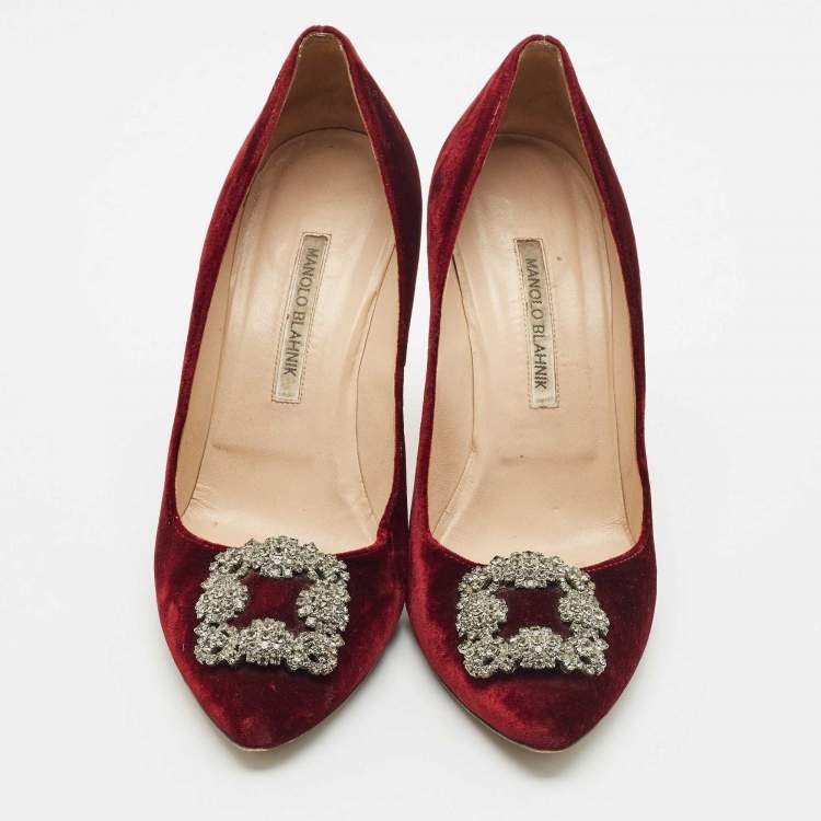 Pre Owned Manolo Blahnik Burgundy Velvet Hangisi Crystal Embellished Pumps Size 41