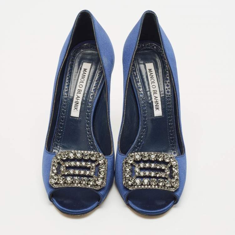 Pre Owned Manolo Blahnik Navy Blue Satin Matik Peep Toe Pumps Size 35
