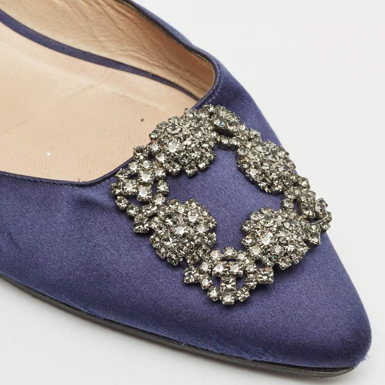 Pre Owned Manolo Blahnik Navy Blue Satin Hangisi Flat Mules Size 39