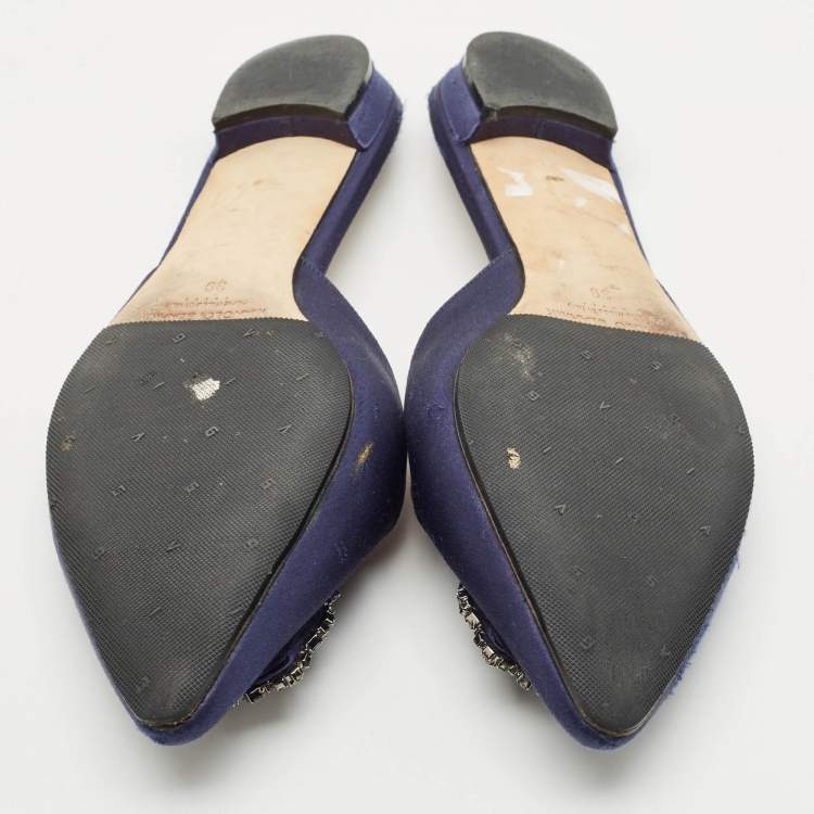 Pre Owned Manolo Blahnik Navy Blue Satin Hangisi Flat Mules Size 39