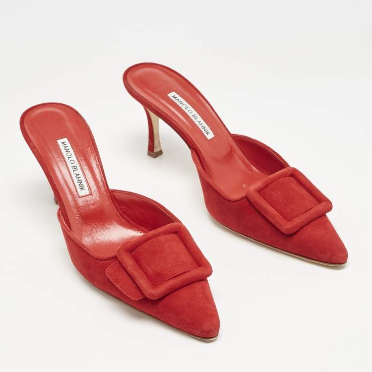 Pre Owned Manolo Blahnik Red Suede Maysale Pointed Toe Mules Size 41