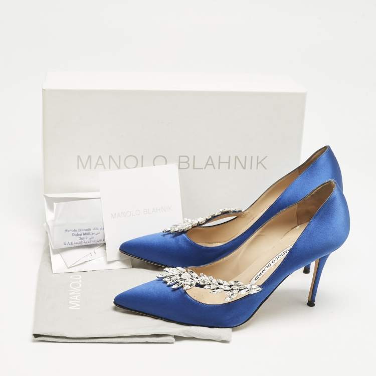 Pre Owned Manolo Blahnik Blue Satin Nadira Crystal Embellished Pointed Toe Pumps Size 38