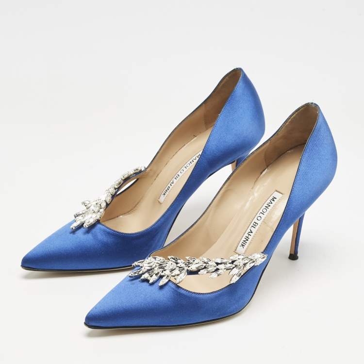 Pre Owned Manolo Blahnik Blue Satin Nadira Crystal Embellished Pointed Toe Pumps Size 38