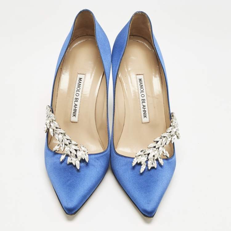Pre Owned Manolo Blahnik Blue Satin Nadira Crystal Embellished Pointed Toe Pumps Size 38