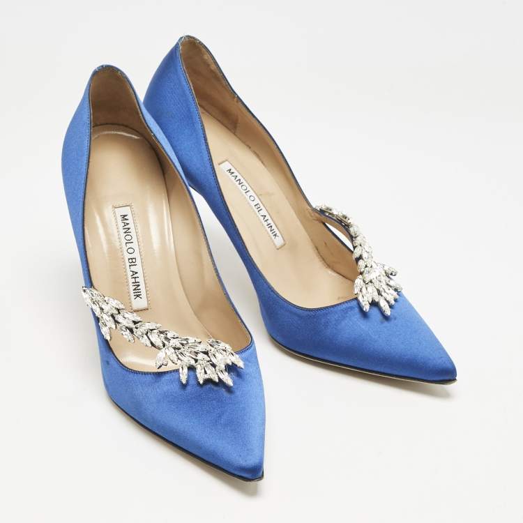 Pre Owned Manolo Blahnik Blue Satin Nadira Crystal Embellished Pointed Toe Pumps Size 38