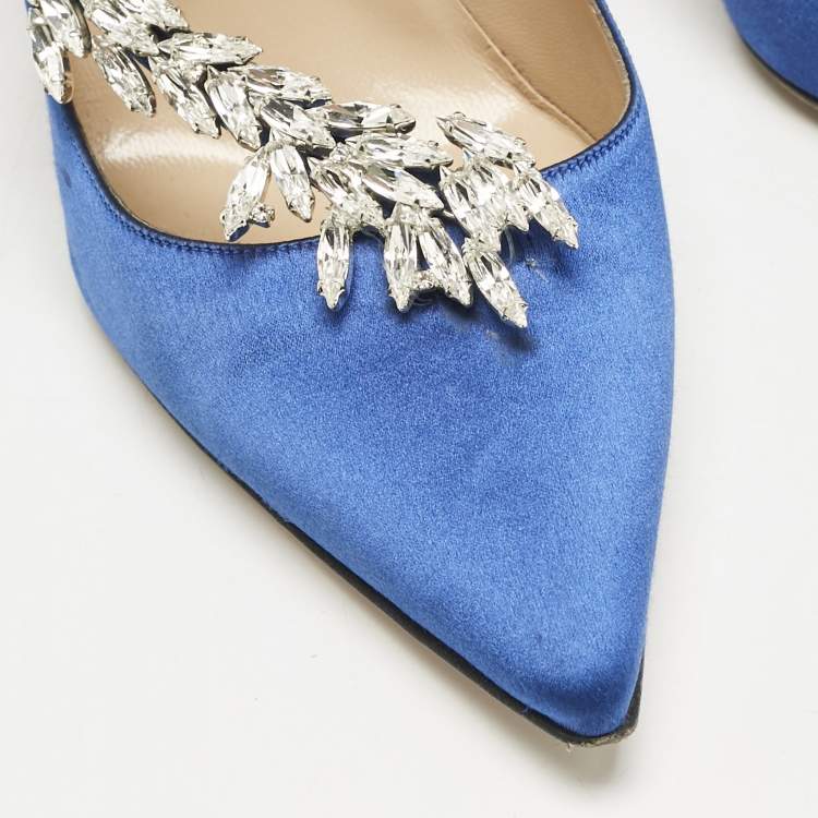 Pre Owned Manolo Blahnik Blue Satin Nadira Crystal Embellished Pointed Toe Pumps Size 38