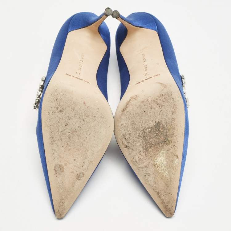 Pre Owned Manolo Blahnik Blue Satin Nadira Crystal Embellished Pointed Toe Pumps Size 38
