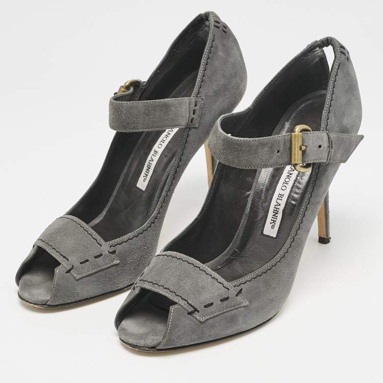 Pre Owned Manolo Blahnik Grey Suede Reata Peep Toe Pumps Size 40.5