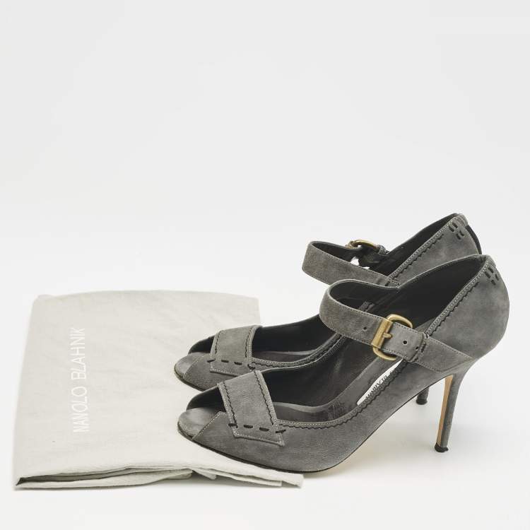 Pre Owned Manolo Blahnik Grey Suede Reata Peep Toe Pumps Size 40.5