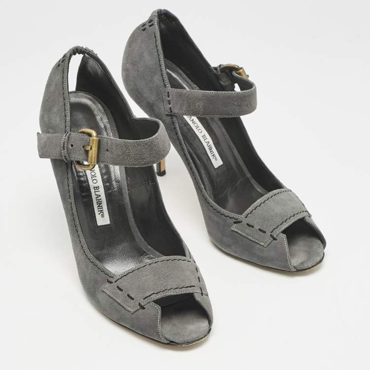 Pre Owned Manolo Blahnik Grey Suede Reata Peep Toe Pumps Size 40.5