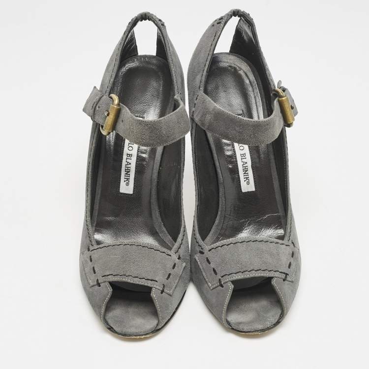 Pre Owned Manolo Blahnik Grey Suede Reata Peep Toe Pumps Size 40.5