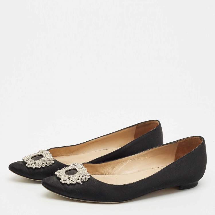 Pre Owned Manolo Blahnik Black Satin Hangisi Crystal Embellished Ballet Flats Size 37