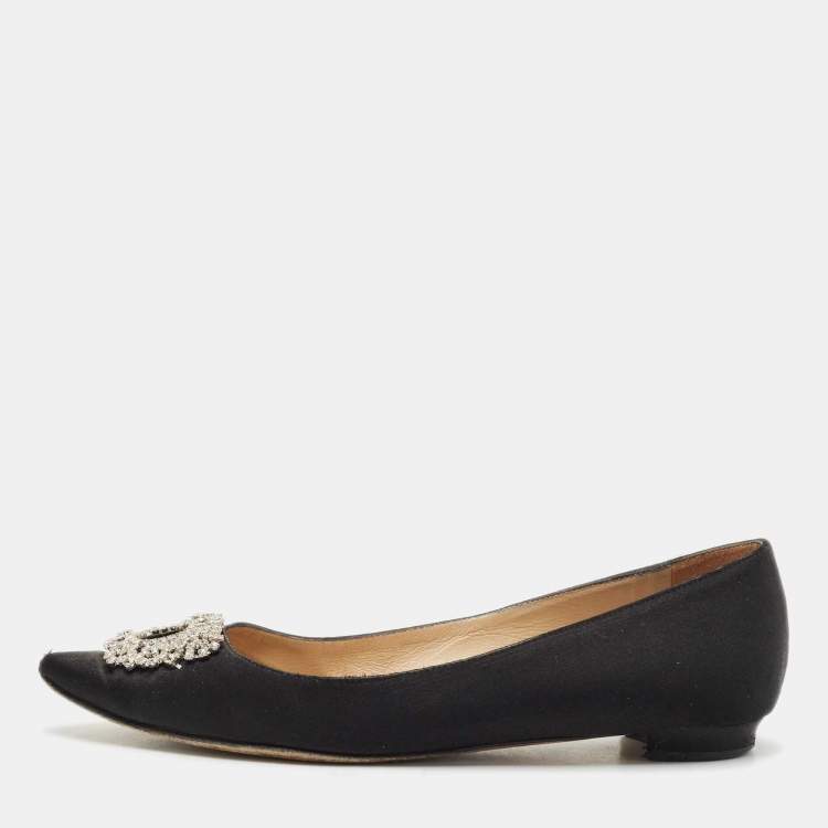 Pre Owned Manolo Blahnik Black Satin Hangisi Crystal Embellished Ballet Flats Size 37
