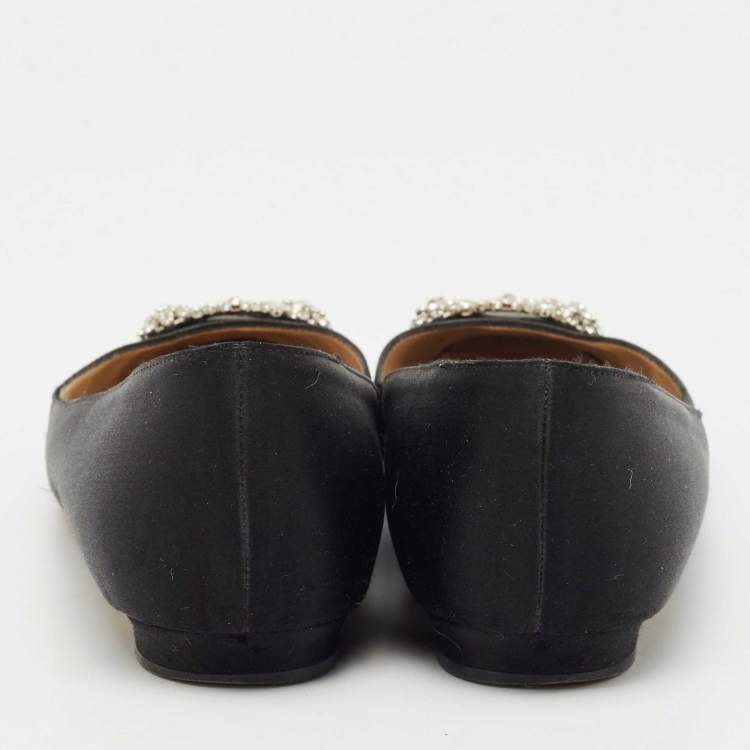 Pre Owned Manolo Blahnik Black Satin Hangisi Crystal Embellished Ballet Flats Size 37