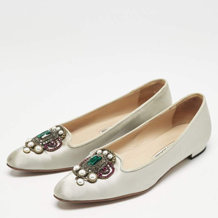 Pre Owned Manolo Blahnik Grey Satin Eufrasia Smoking Slippers Size 35