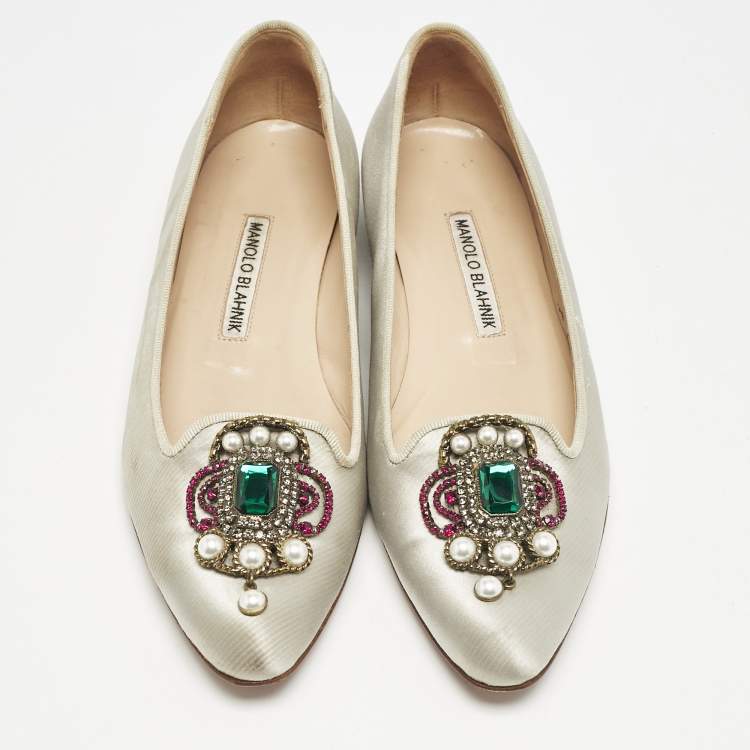 Pre Owned Manolo Blahnik Grey Satin Eufrasia Smoking Slippers Size 35