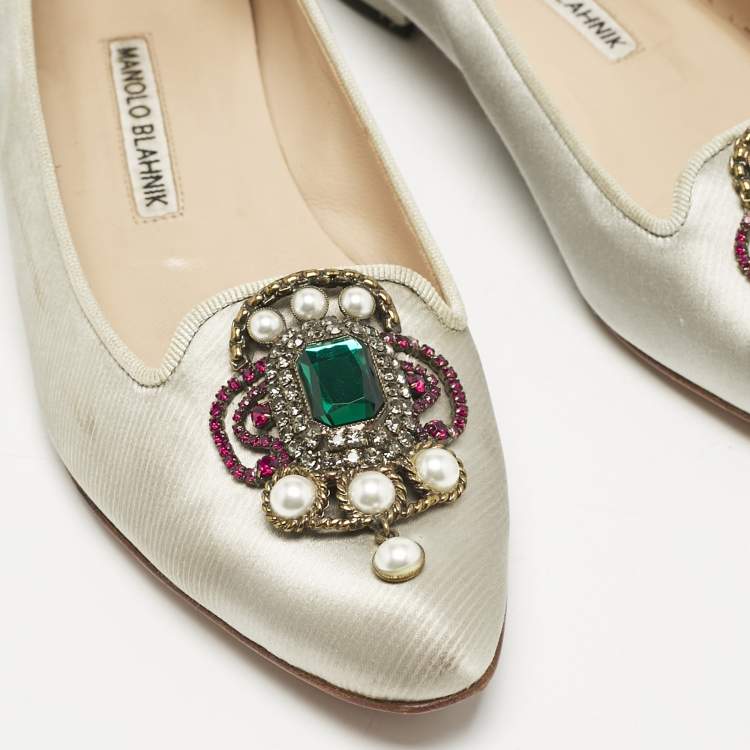 Pre Owned Manolo Blahnik Grey Satin Eufrasia Smoking Slippers Size 35