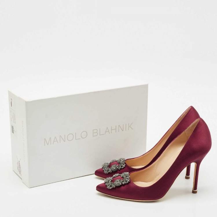Pre Owned Manolo Blahnik Burgundy Satin Hangisi Pumps Size 38.5