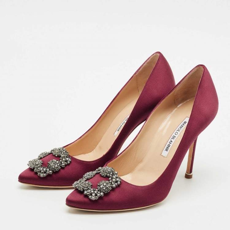 Pre Owned Manolo Blahnik Burgundy Satin Hangisi Pumps Size 38.5