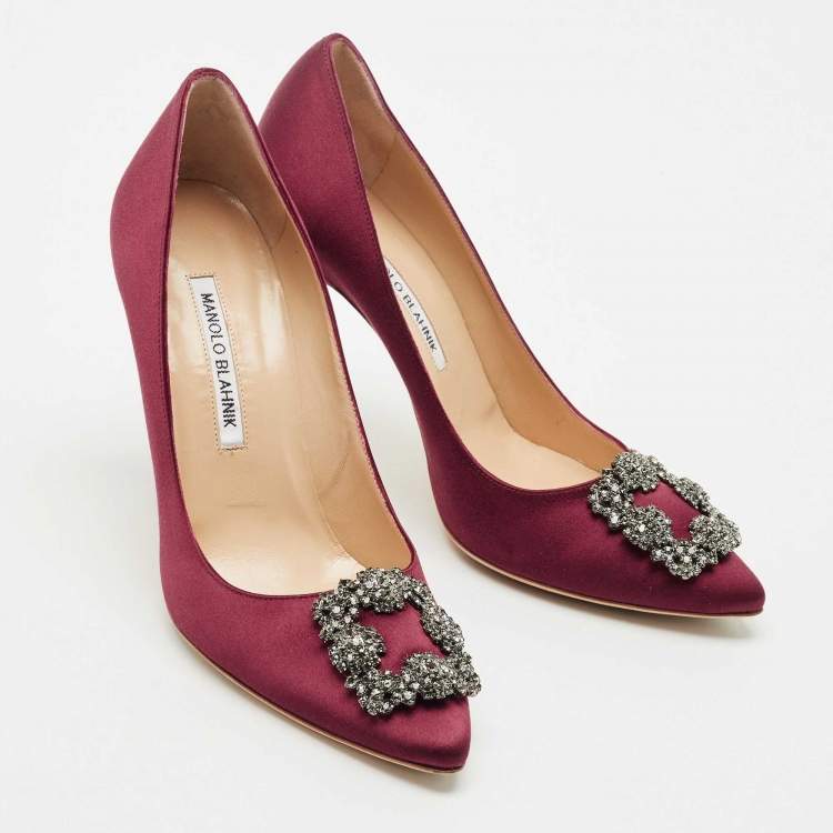 Pre Owned Manolo Blahnik Burgundy Satin Hangisi Pumps Size 38.5