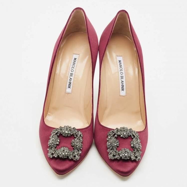 Pre Owned Manolo Blahnik Burgundy Satin Hangisi Pumps Size 38.5
