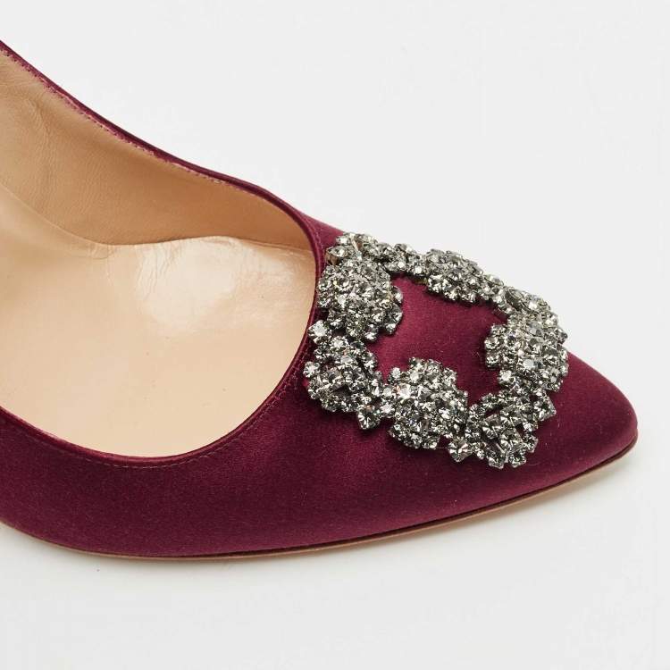 Pre Owned Manolo Blahnik Burgundy Satin Hangisi Pumps Size 38.5
