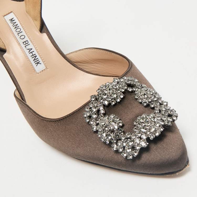 Pre Owned Manolo Blahnik Dark Green Satin Hangisli Slingback Pumps Size 40