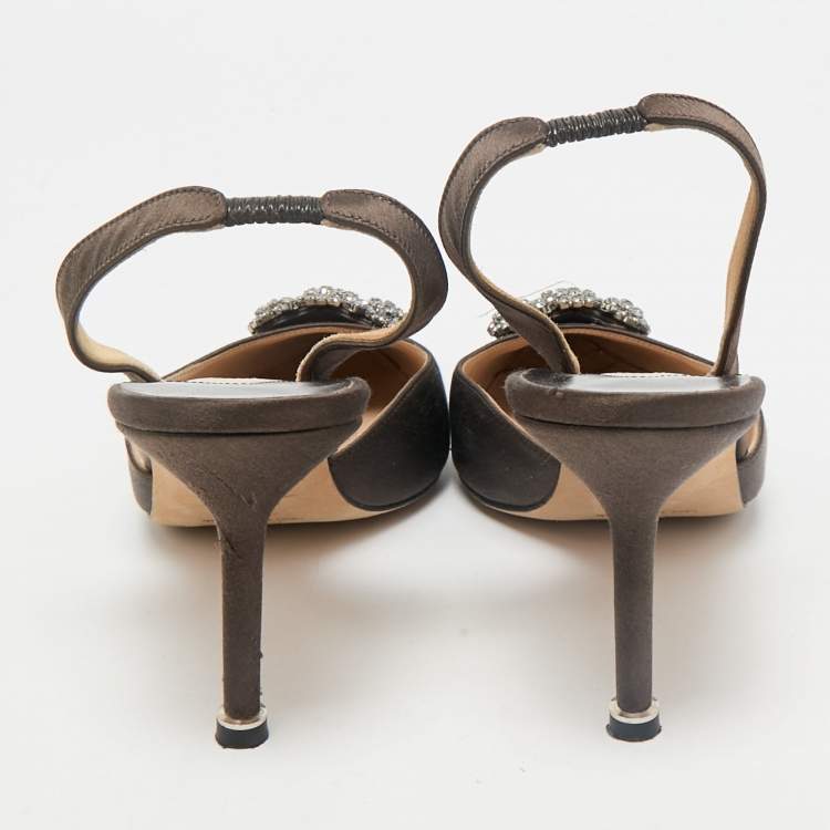 Pre Owned Manolo Blahnik Dark Green Satin Hangisli Slingback Pumps Size 40