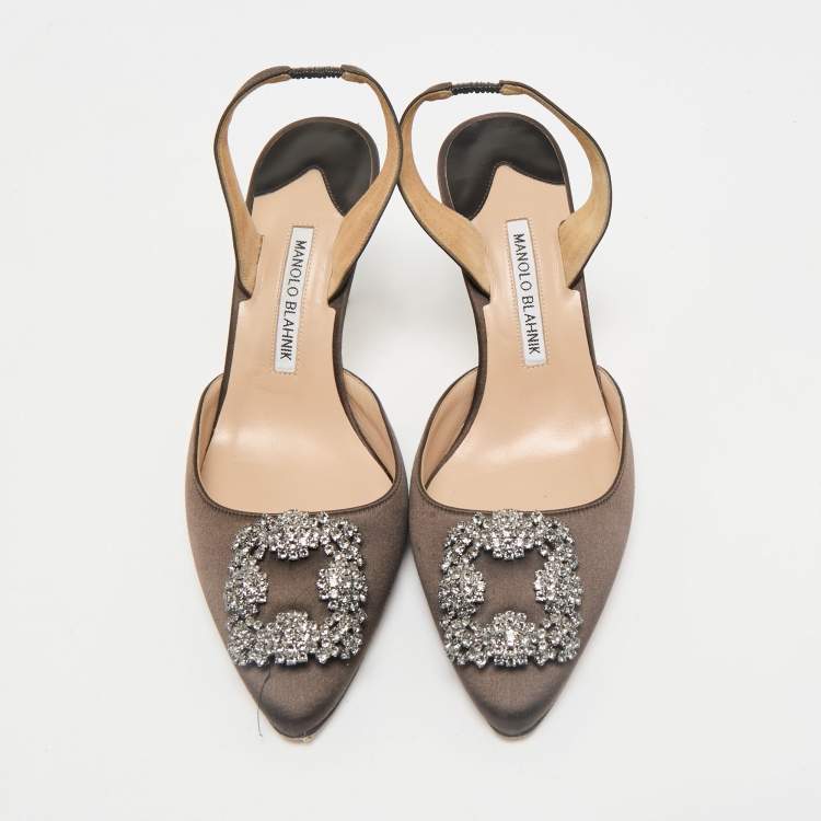 Pre Owned Manolo Blahnik Dark Green Satin Hangisli Slingback Pumps Size 40