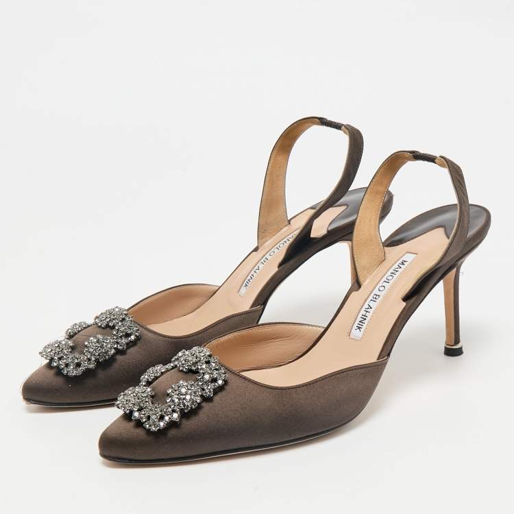 Pre Owned Manolo Blahnik Dark Green Satin Hangisli Slingback Pumps Size 40