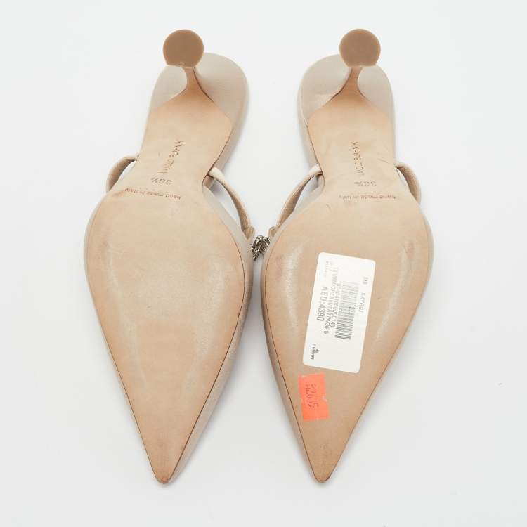 Pre Owned Manolo Blahnik Beige Satin Lutara Mules Size 36.5 