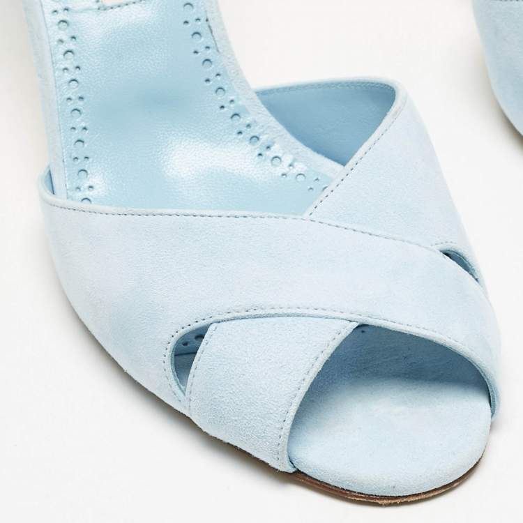 Pre Owned Manolo Blahnik Light Blue Suede Mumbimu Slide Sandals Size 38.5
