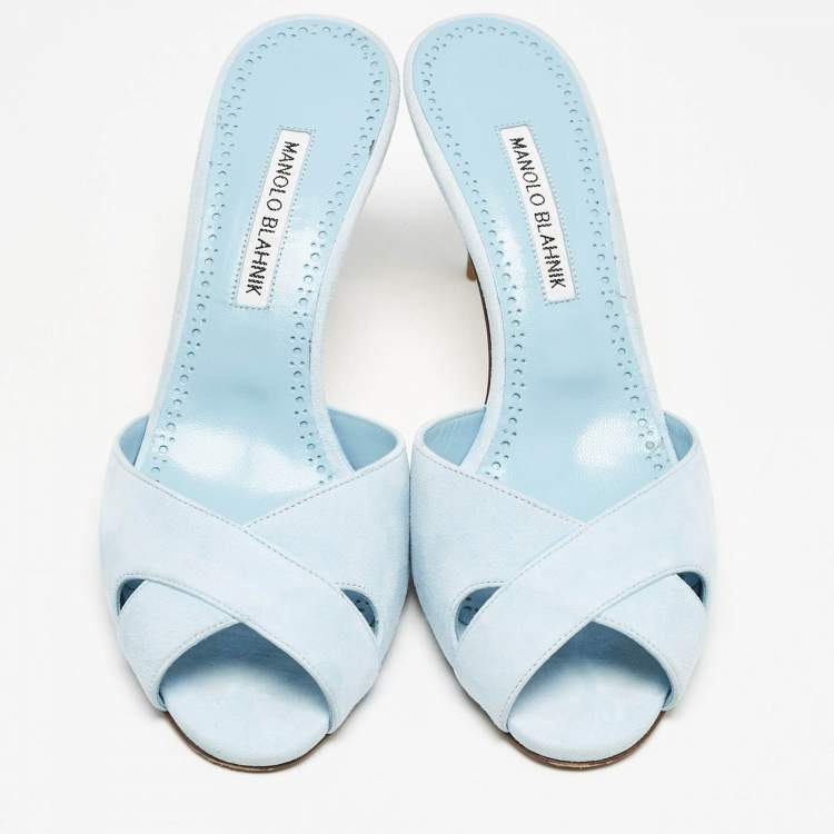 Pre Owned Manolo Blahnik Light Blue Suede Mumbimu Slide Sandals Size 38.5