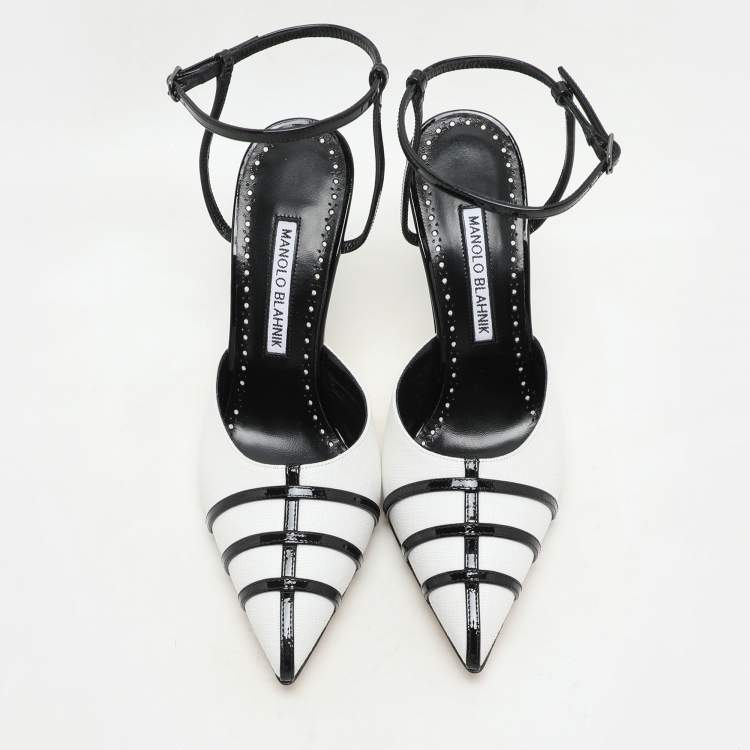 Pre Owned Manolo Blahnik White/Black Canvas and Patent Leather Ankle Strap Sandals Size 37