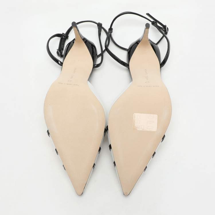 Pre Owned Manolo Blahnik White/Black Canvas and Patent Leather Ankle Strap Sandals Size 37