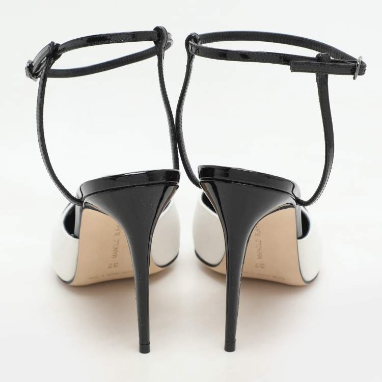 Pre Owned Manolo Blahnik White/Black Canvas and Patent Leather Ankle Strap Sandals Size 37