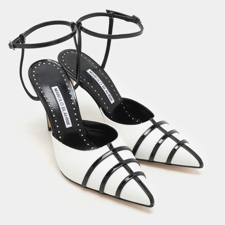 Pre Owned Manolo Blahnik White/Black Canvas and Patent Leather Ankle Strap Sandals Size 37